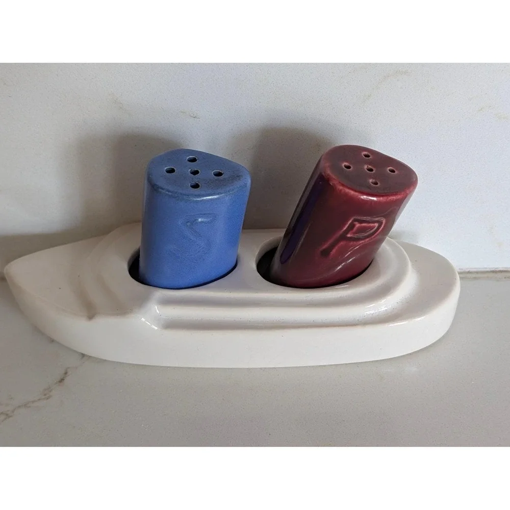 Vintage USA Pottery 566 Boat Salt and Pepper Shakers Set Blue Maroon Nautical